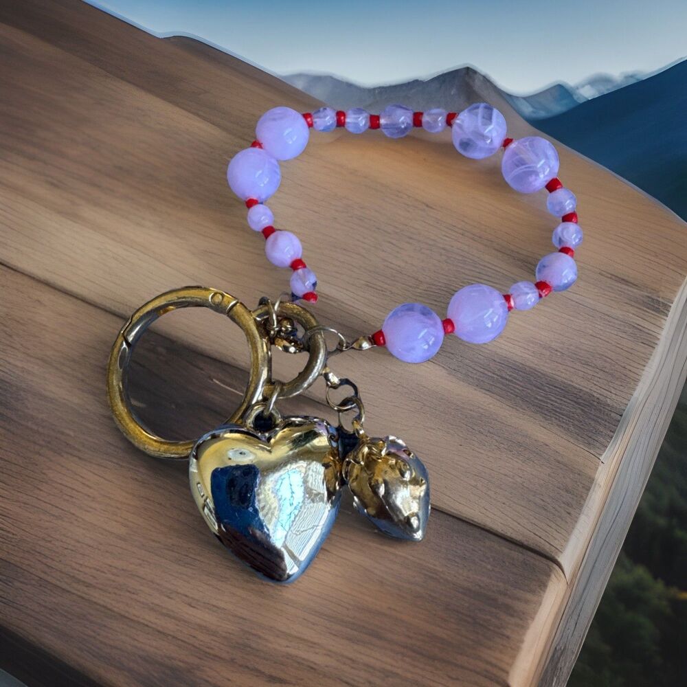Y2K Pink Beaded Heart Keychain Purse Charm Clip Bracelet‎